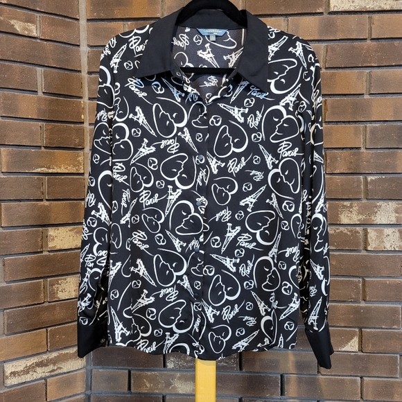 Catherine Malandrino Design Nation stretch Paris print abstract blouse L - Picture 1 of 8